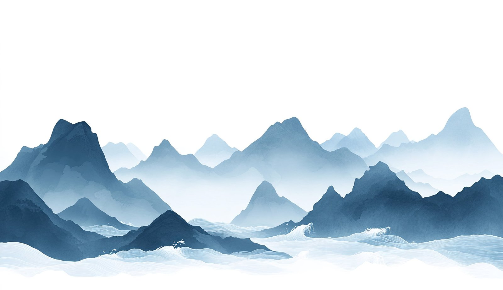 Ilustración vectorial de montañas y mar, con olas rompiendo contra la orilla, al estilo de la pintura china a la tinta. La paleta de colores incluye tonos de azul y gris.
