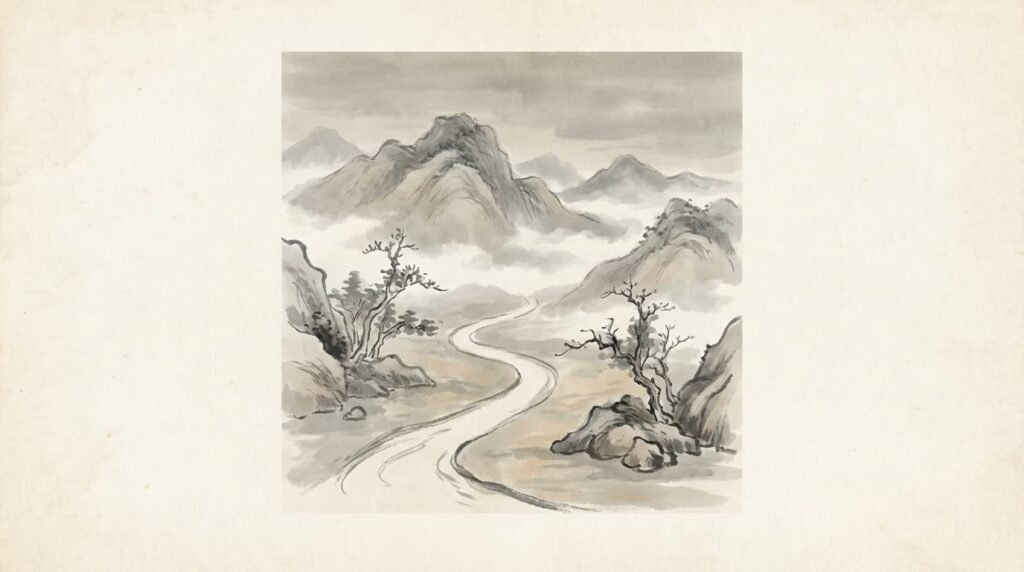 Paisaje de montañas neblinosas en estilo pintura de tinta china, camino solitario entre la niebla