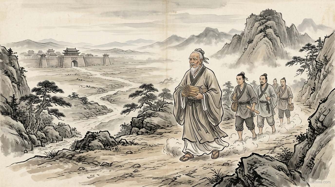 Erudito confuciano caminando solo por un largo camino entre reinos antiguos, pintura china en tinta