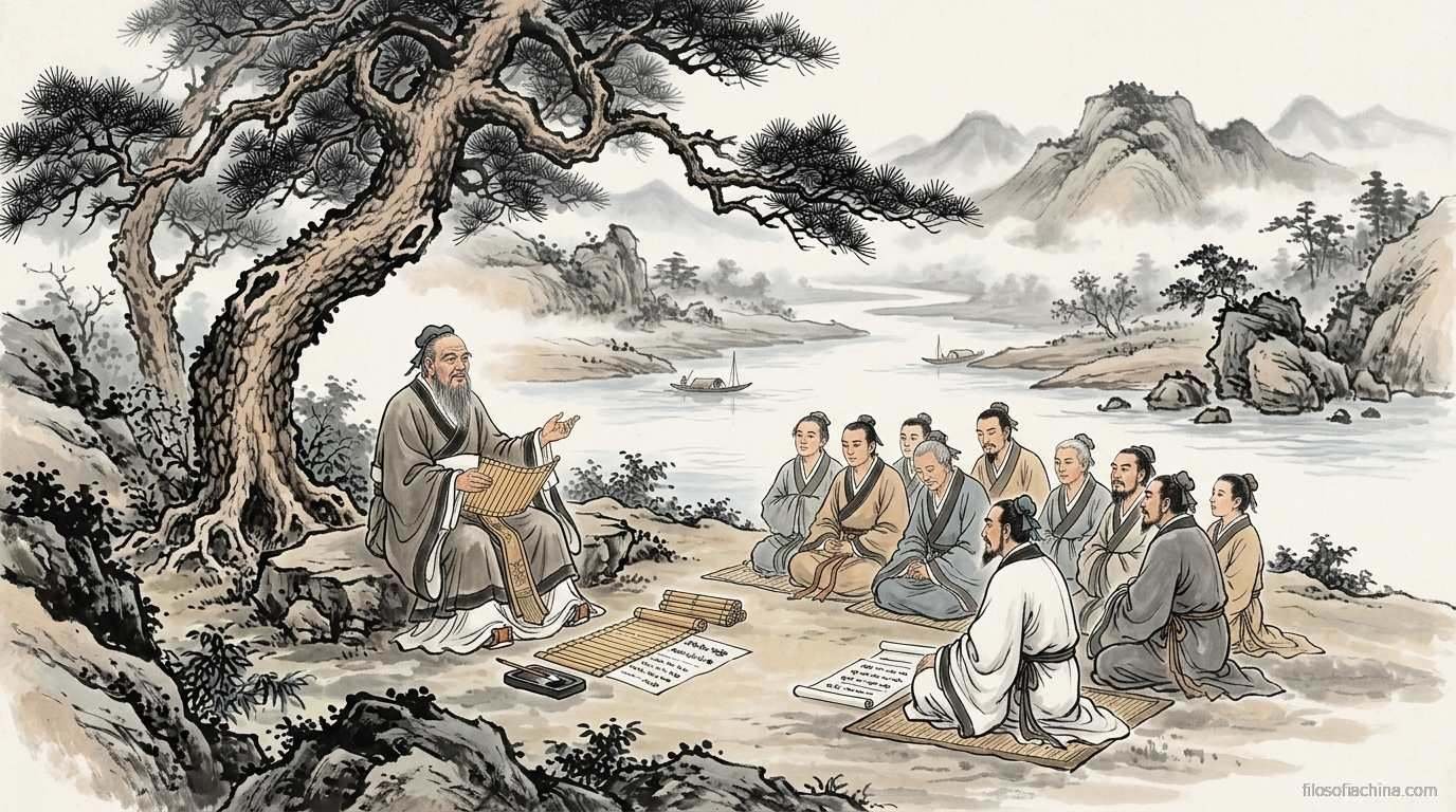 Maestro confuciano enseñando a sus discípulos sentados al aire libre, pintura china en tinta