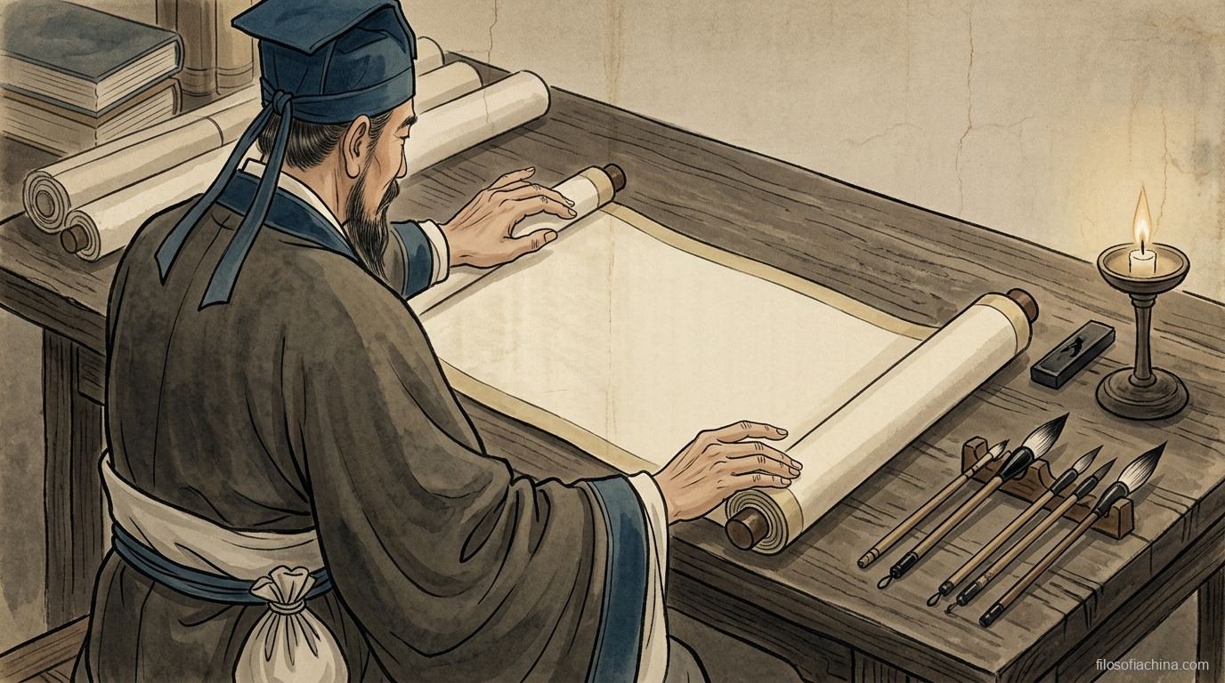 Anciano erudito sentado bajo un pino junto al río en meditación serena, pintura china en tinta