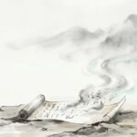 Dao De Jing, pergamino antiguo desenrollado entre bruma y montañas