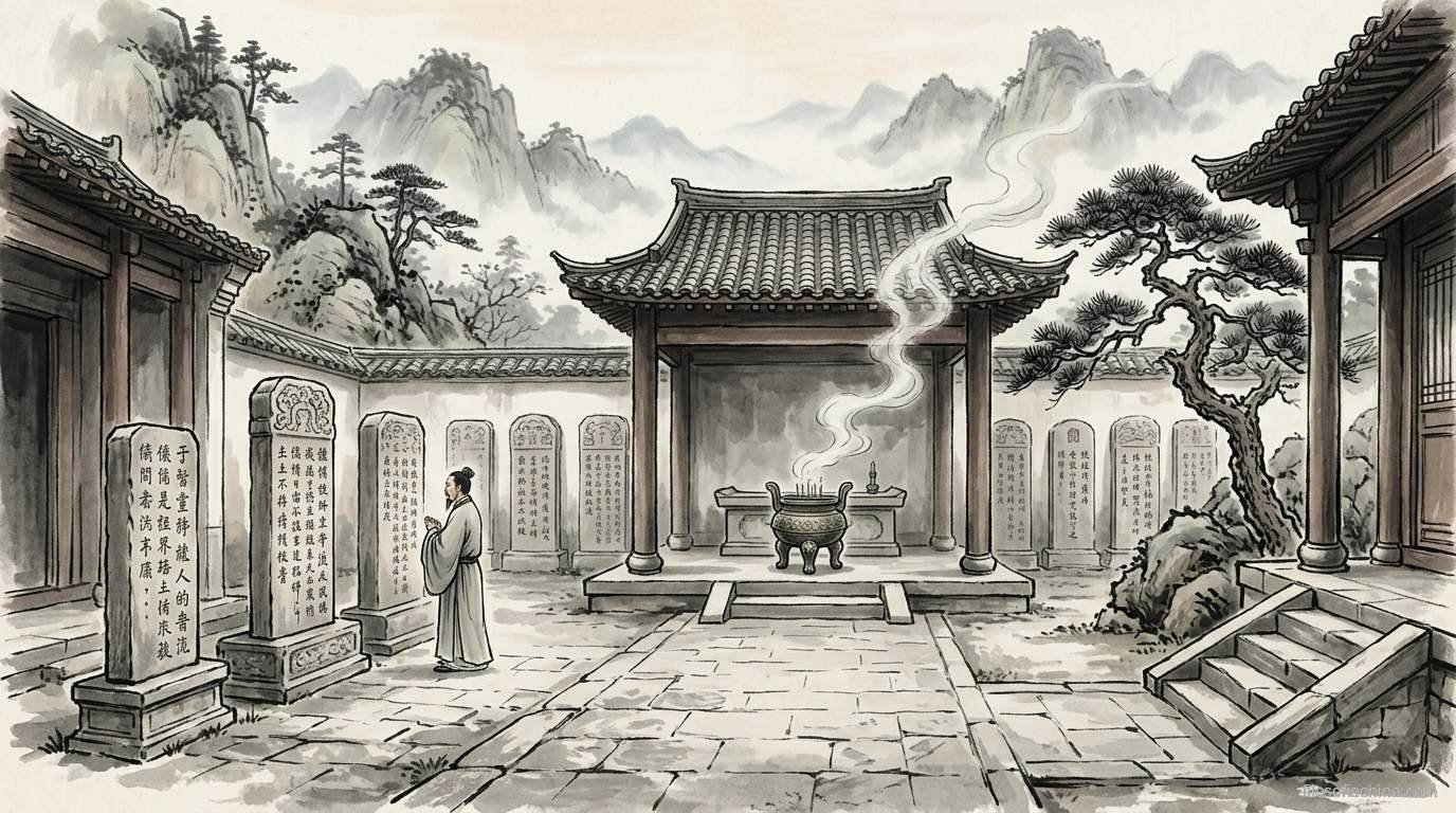 Patio de templo chino con tabletas de piedra filosóficas y un altar vacío, pintura en tinta china