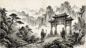 Erudito ante una puerta de montaña, pintura en tinta china