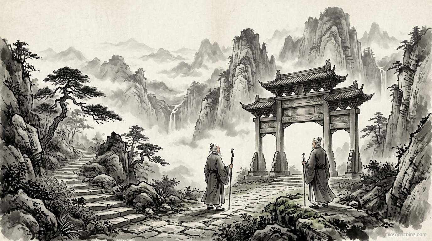 Erudito ante una puerta de montaña, pintura en tinta china