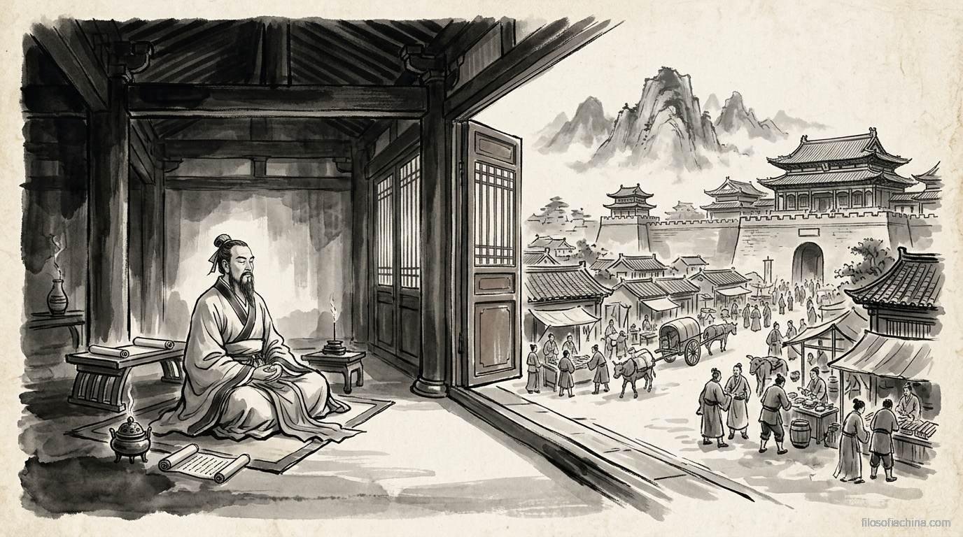 Sabio meditando en un salón de palacio con la puerta abierta hacia una ciudad antigua, simbolizando sabiduría interior y acción exterior, tinta china