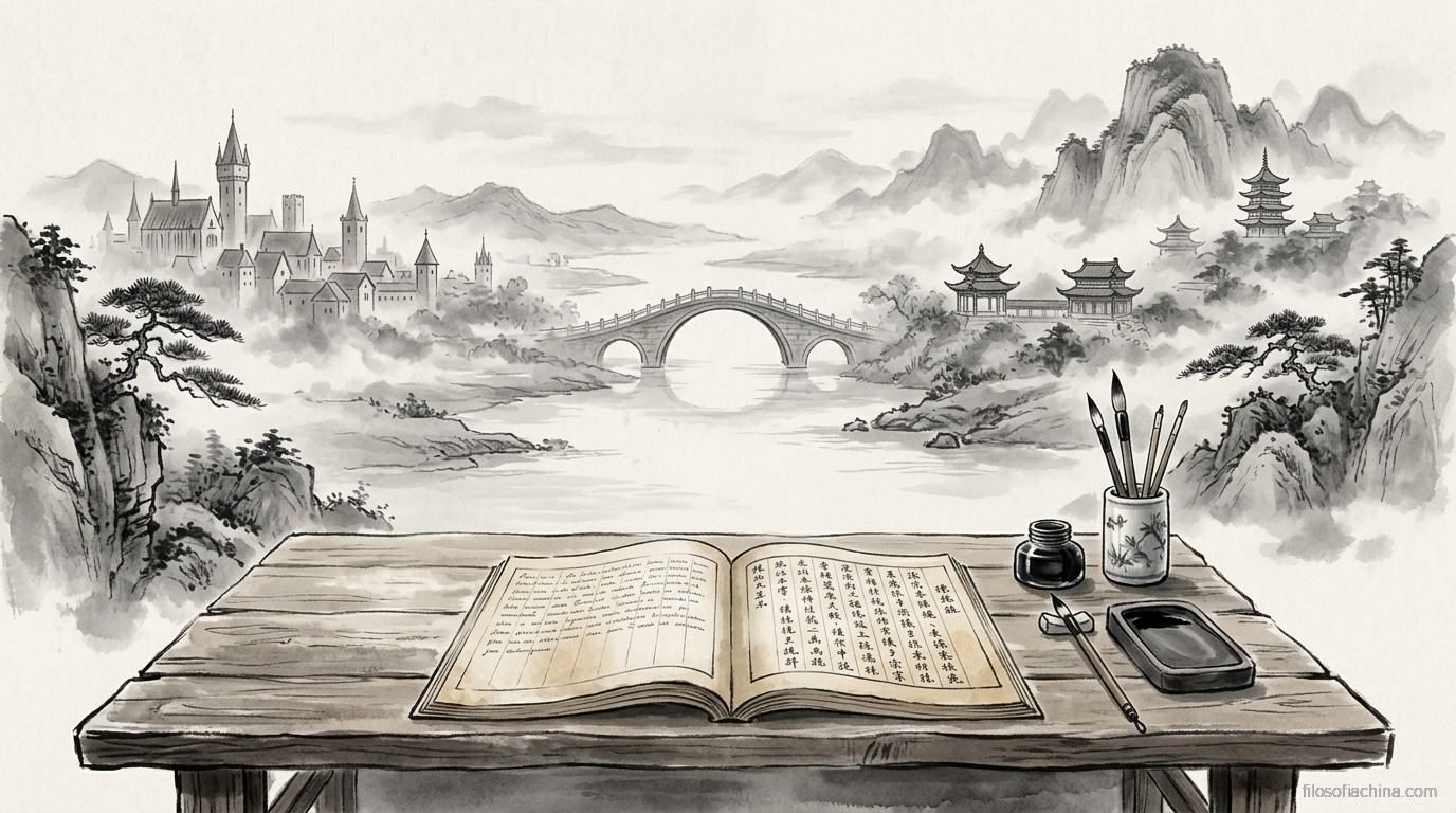 Libro abierto con textos occidentales y chinos lado a lado, puente entre dos mundos intelectuales, tinta china