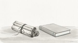 Rollos antiguos y un libro moderno sobre una mesa, pintura en tinta china