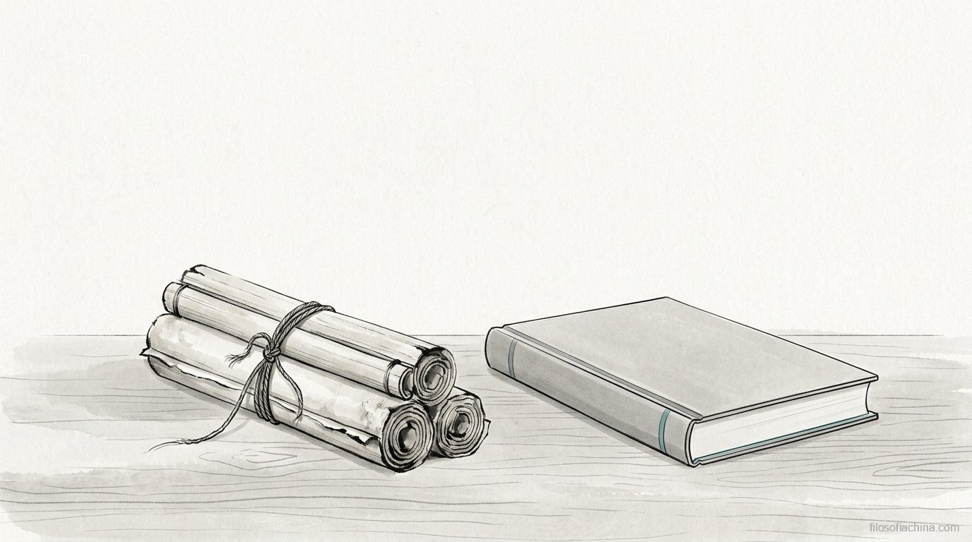 Rollos antiguos y un libro moderno sobre una mesa, pintura en tinta china