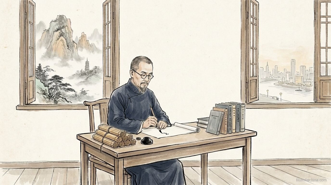 Erudito chino escribiendo con pincel rodeado de rollos de bambú y libros modernos, tinta china
