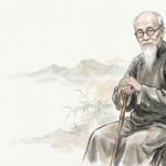 Feng Youlan sentado con bastón, pintura en tinta china