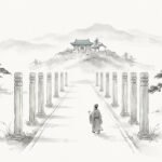 Avenida ceremonial con pilares de piedra hacia un templo confuciano