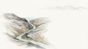 Ilustración en tinta china: un hilo de agua rodea y erosiona una gran roca, estilo pintura tradicional china