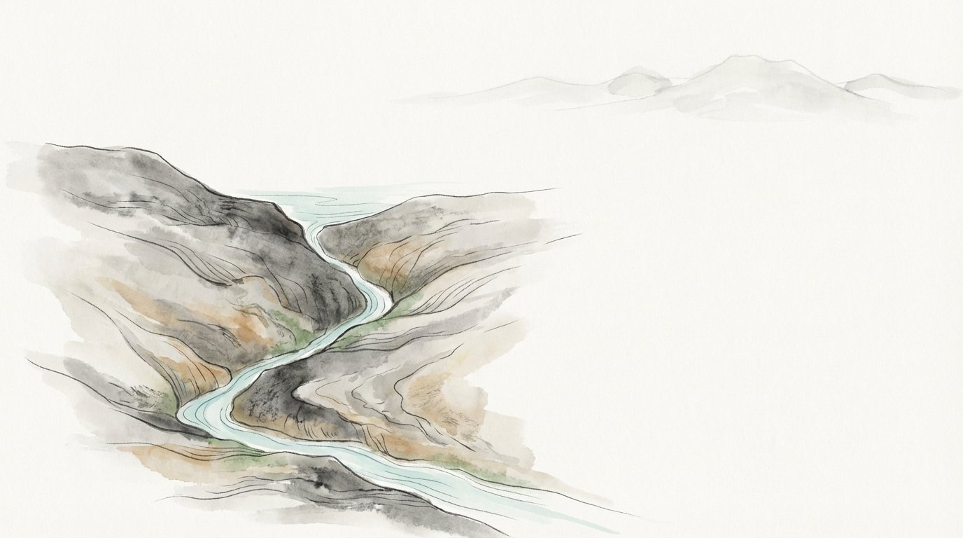 Ilustración en tinta china: un hilo de agua rodea y erosiona una gran roca, estilo pintura tradicional china