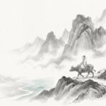 Laozi cabalgando un búfalo entre montañas brumosas