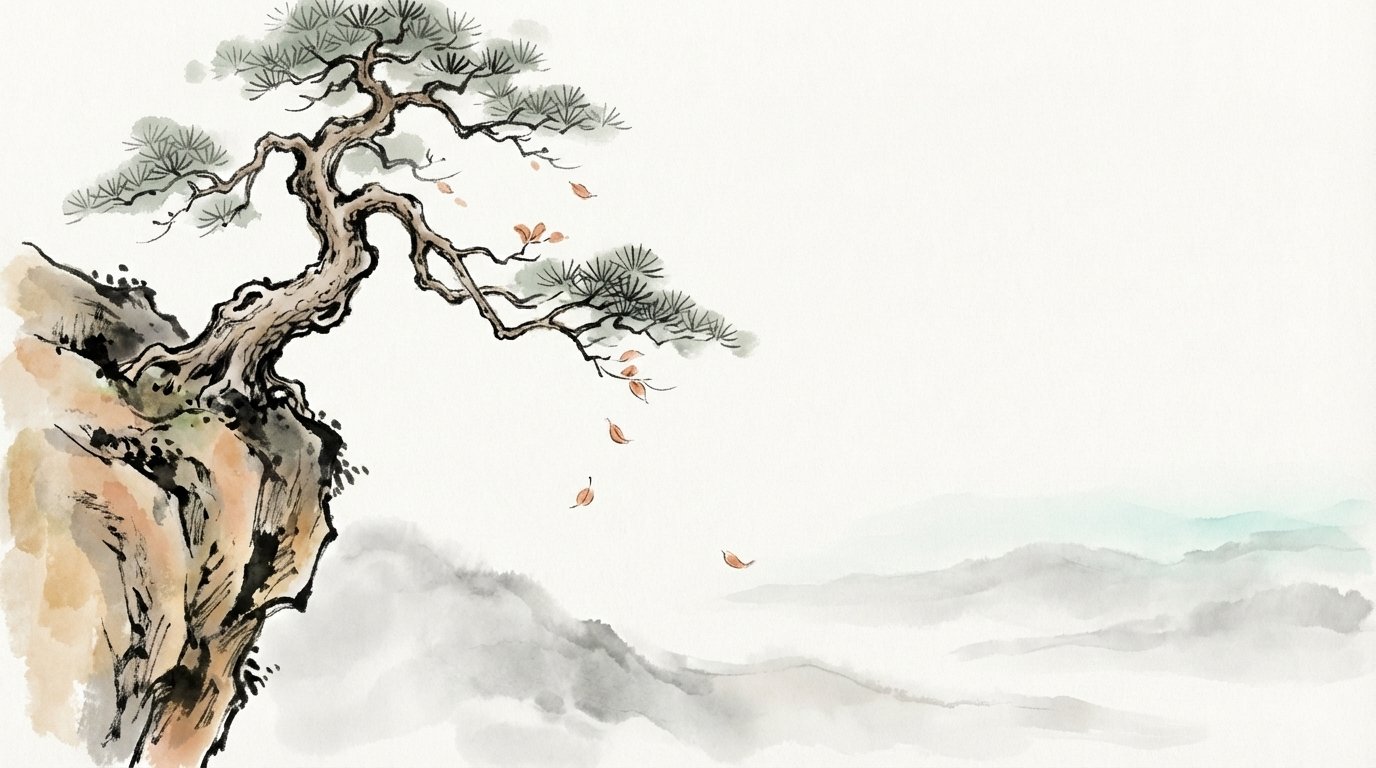 Ilustración en tinta china: un pino antiguo al borde de un acantilado con hojas cayendo al vacío, estilo pintura tradicional china