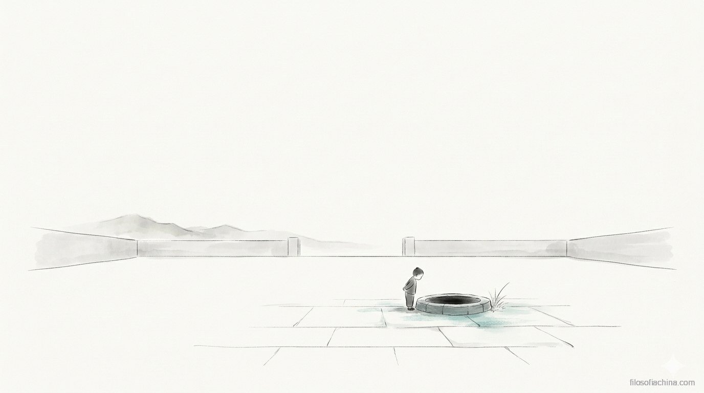 Niño pequeño asomándose a un pozo, alegoría de la compasión innata según Mencio, ilustración en tinta china