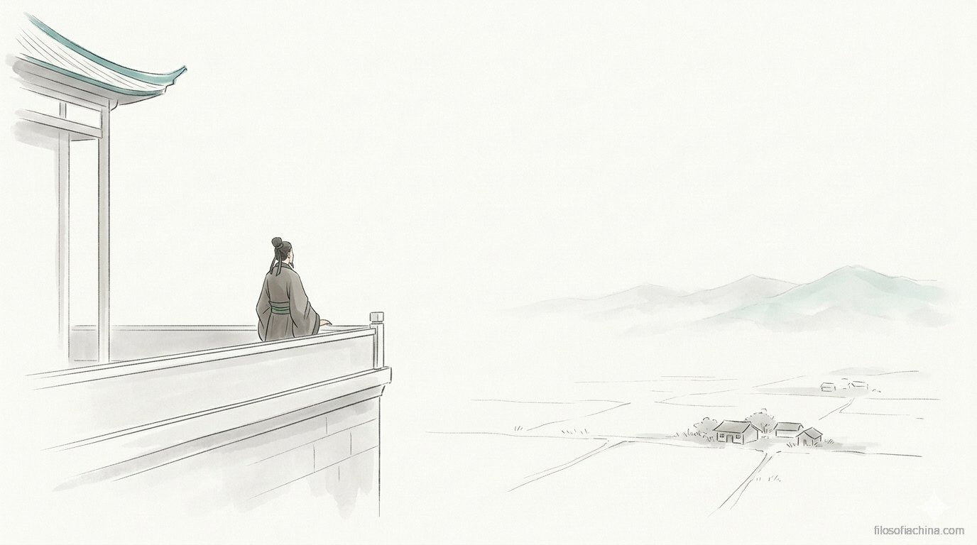 Erudito confuciano contemplando un paisaje abierto desde una terraza, ilustración en tinta china