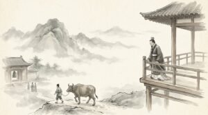 Rey Xuan de Qi observando desde un pabellón cómo llevan un buey al sacrificio, ilustración en tinta china