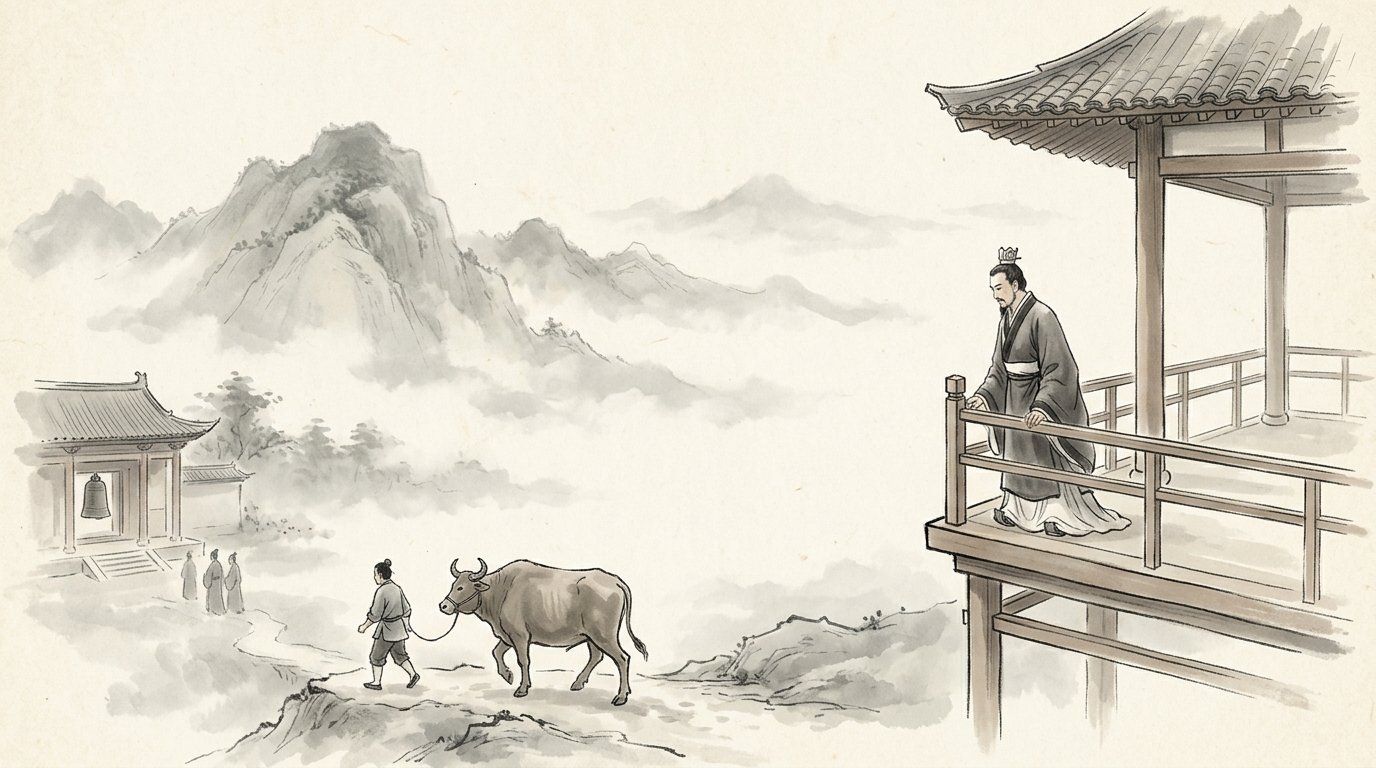 Rey Xuan de Qi observando desde un pabellón cómo llevan un buey al sacrificio, ilustración en tinta china