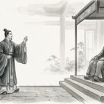 Mencio argumentando ante un rey en la corte