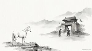 Caballo blanco frente a un puesto fronterizo antiguo con un erudito y un guardia, ilustración en tinta china