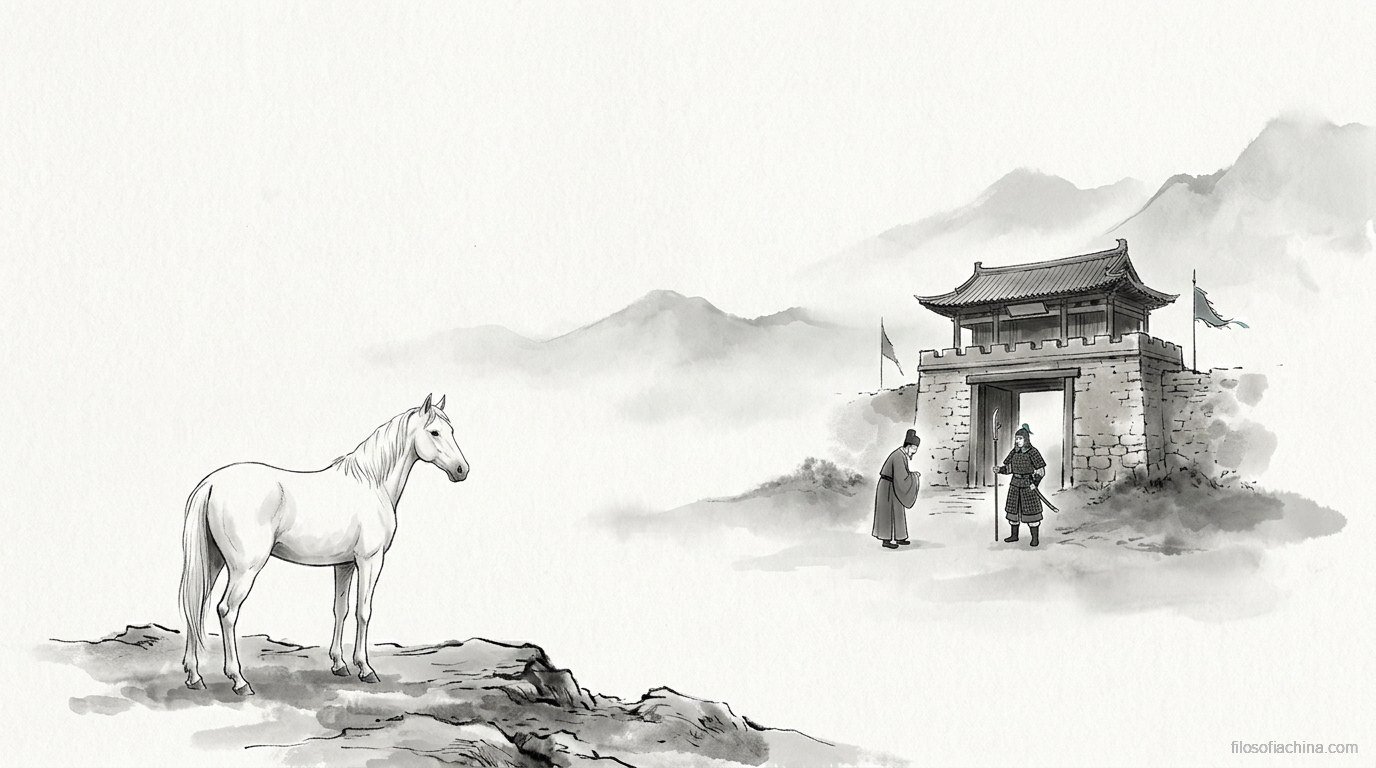 Caballo blanco frente a un puesto fronterizo antiguo con un erudito y un guardia, ilustración en tinta china