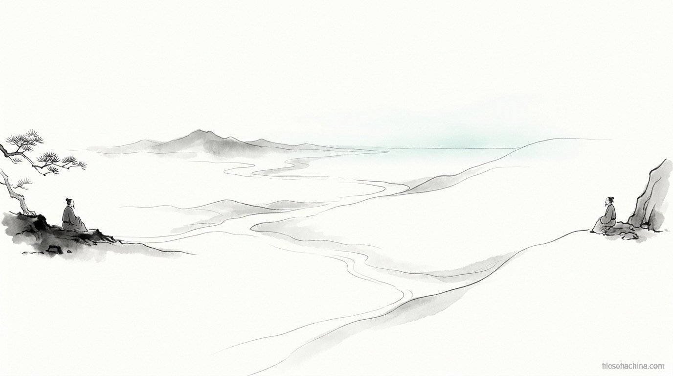 Dos eruditos sentados en extremos opuestos de un paisaje conectado por líneas de tinta, alegoría de la unidad según Hui Shi, tinta china