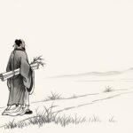 Mo Zi caminando solo con rollos de bambú, ilustración en tinta china