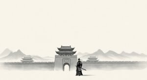 Mo Zi frente a una muralla, ilustracion en tinta china