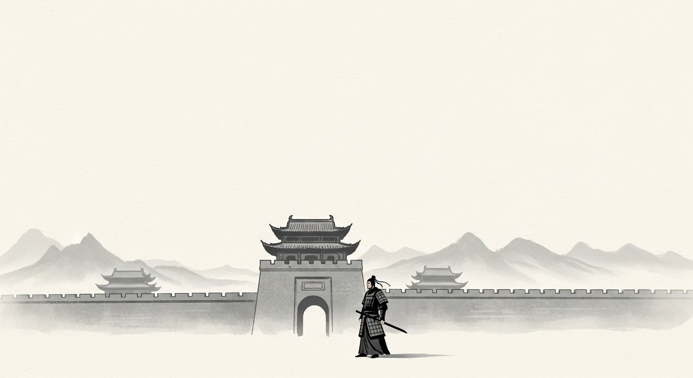 Mo Zi frente a una muralla, ilustracion en tinta china