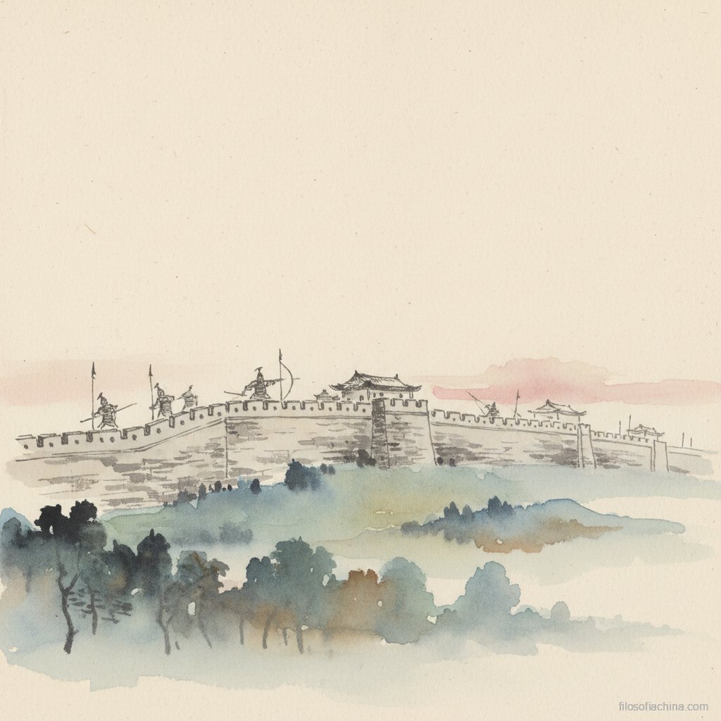 Guerreros moístas defendiendo una muralla, ilustración en tinta china