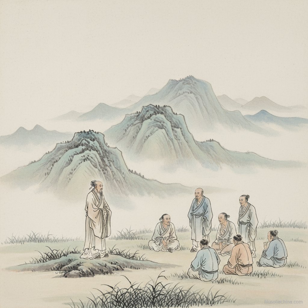 Mo Zi dirigiéndose a una multitud del pueblo, ilustración en tinta china