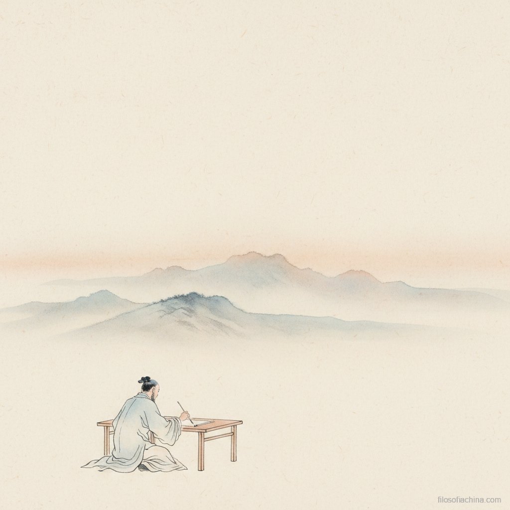 Erudito escribiendo sobre bambú con montañas al fondo, ilustración en tinta china