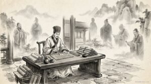 Eruditos viajando con libros por un camino, pintura en tinta china