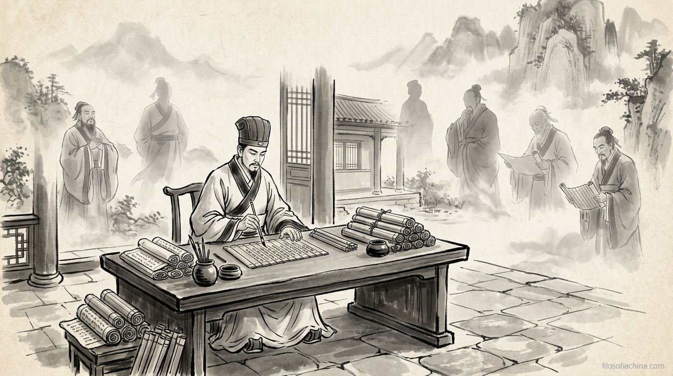 Eruditos viajando con libros por un camino, pintura en tinta china