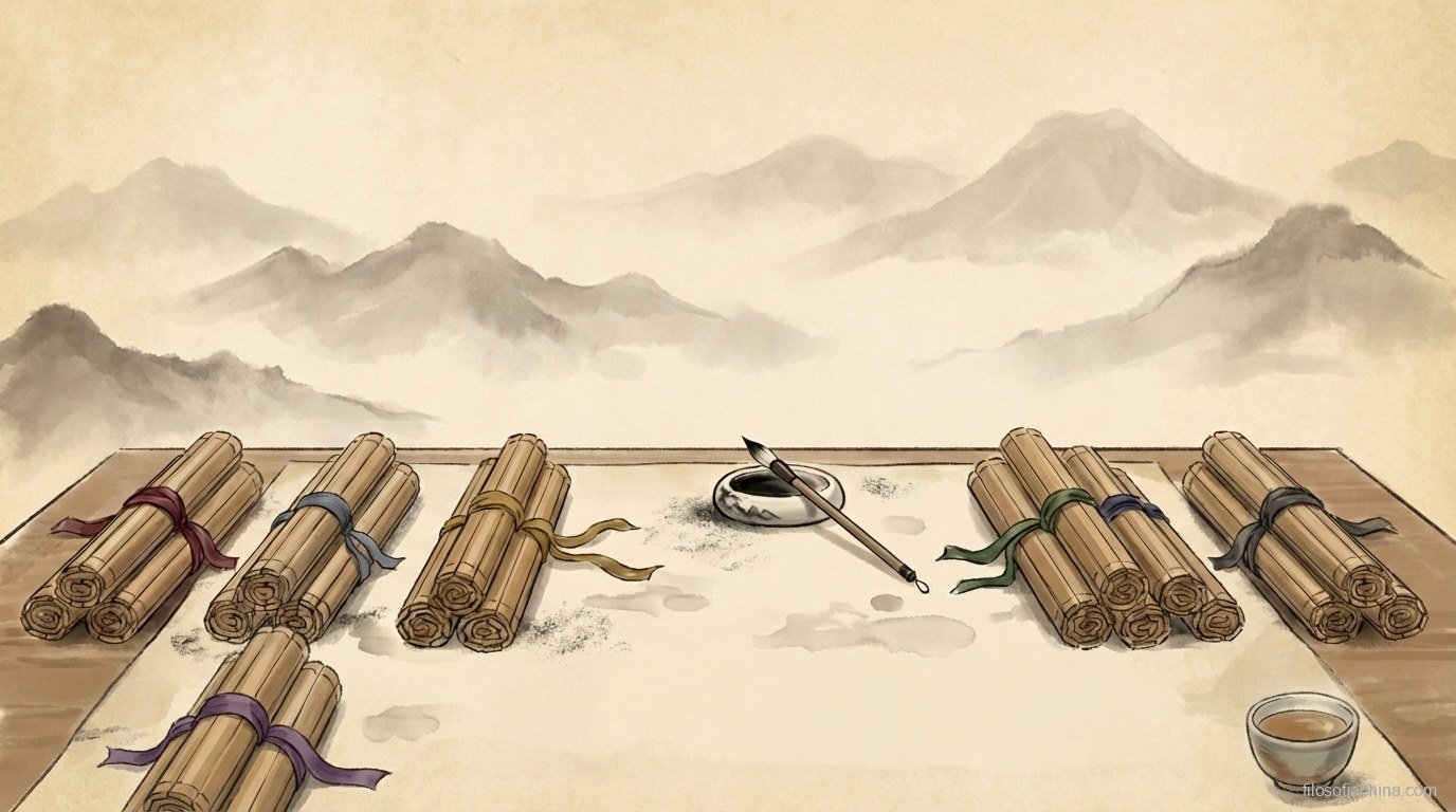 Varios eruditos de distintas escuelas filosóficas debatiendo en una encrucijada, pintura en tinta china