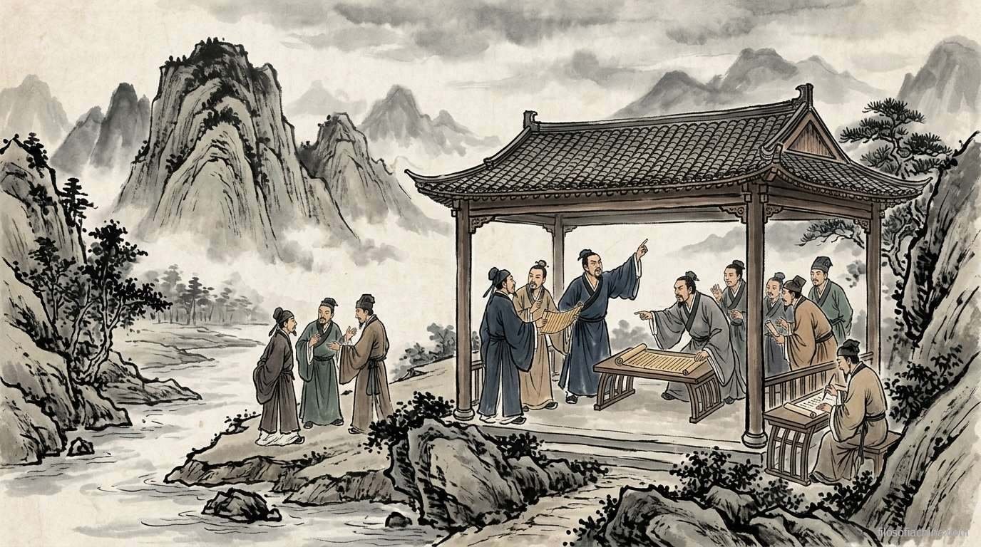 Erudito registrando clasificaciones de escuelas filosóficas en un pergamino, pintura en tinta china