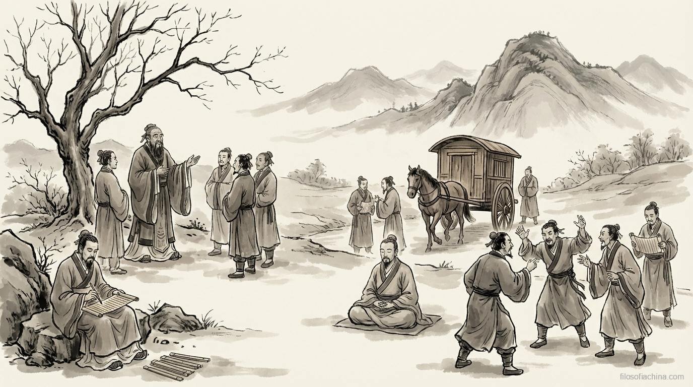 Palacios en ruinas y eruditos dispersándose por distintos caminos, fin de una era, pintura en tinta china