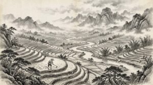 Figura solitaria en campos de arroz escalonados, pintura en tinta china