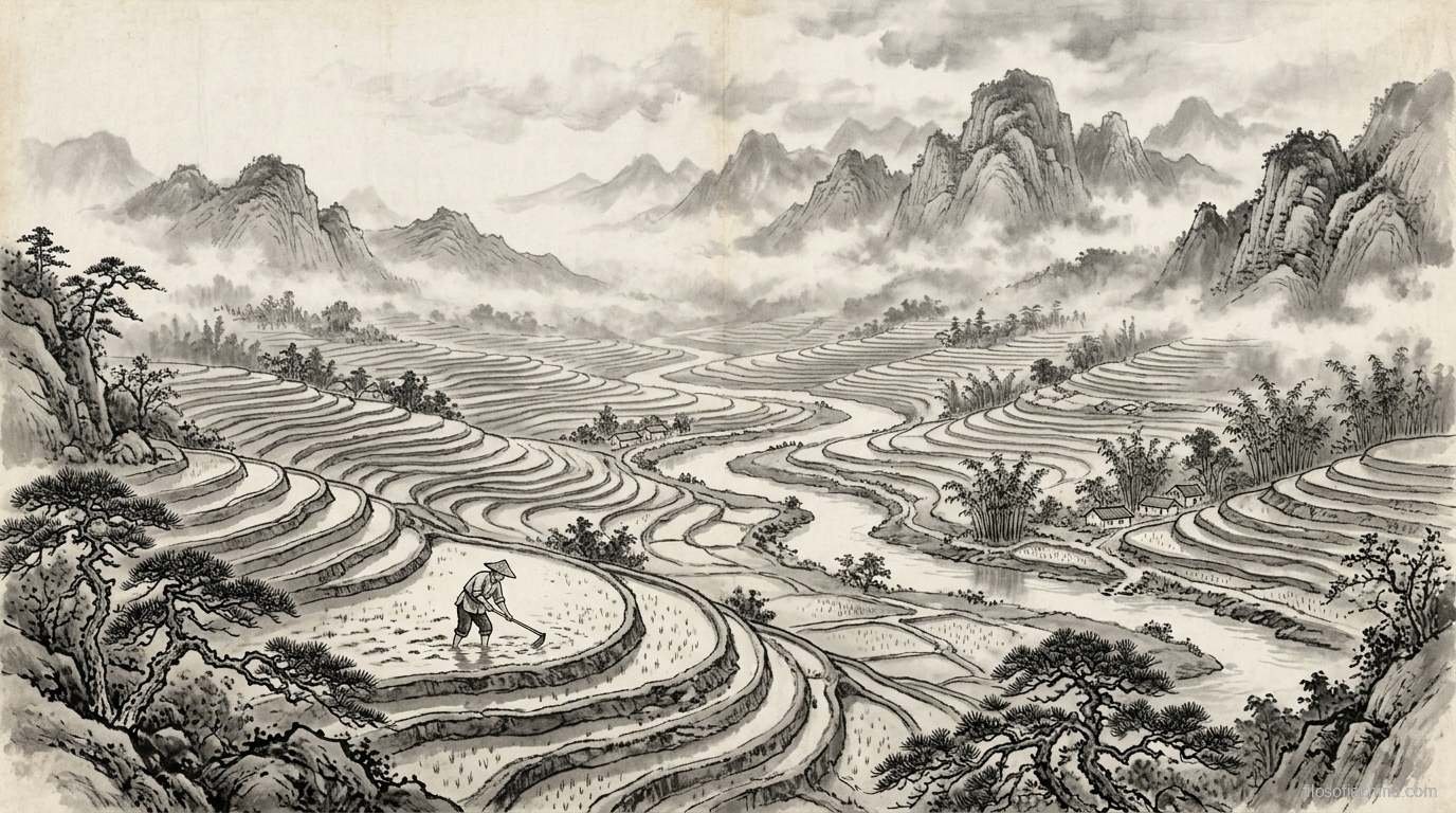 Figura solitaria en campos de arroz escalonados, pintura en tinta china