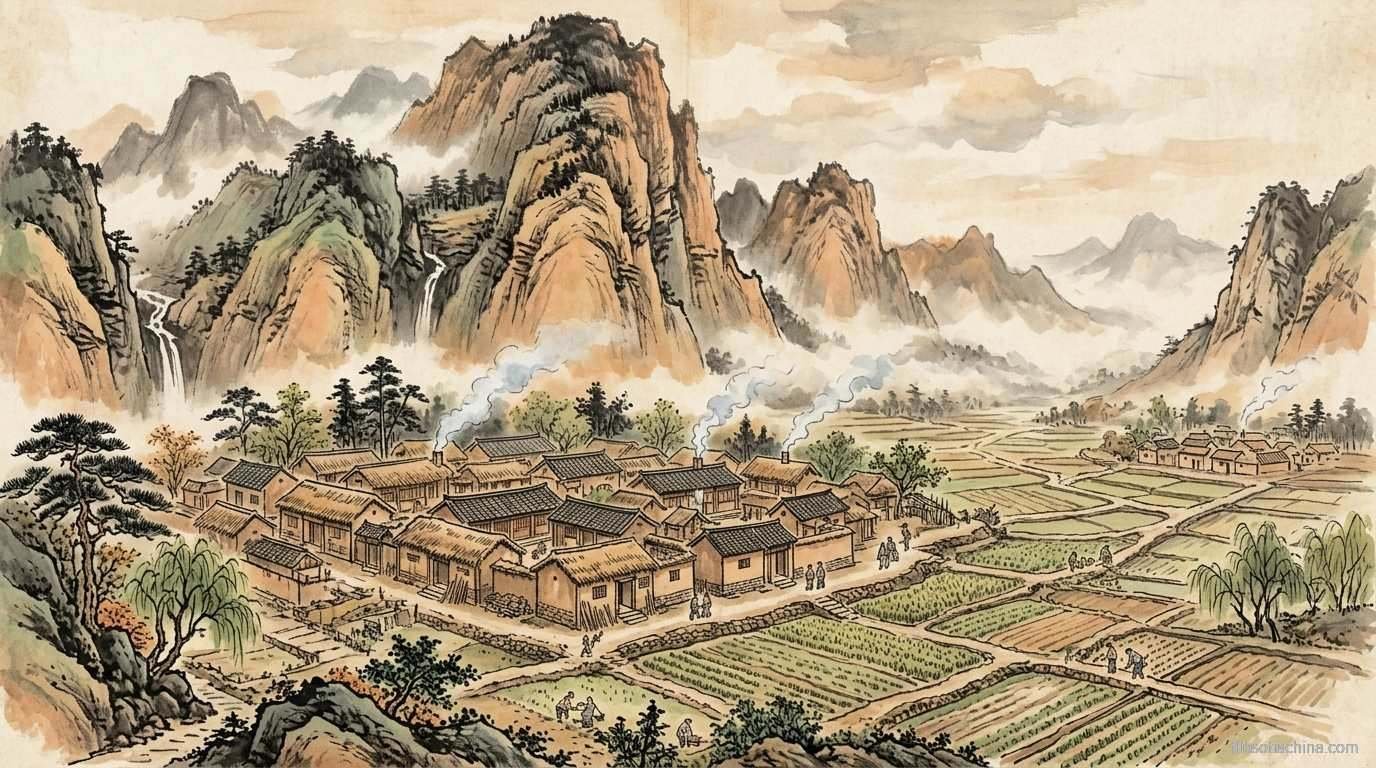 Paisaje agrícola chino con terrazas de arroz y montañas al fondo, pintura en tinta china