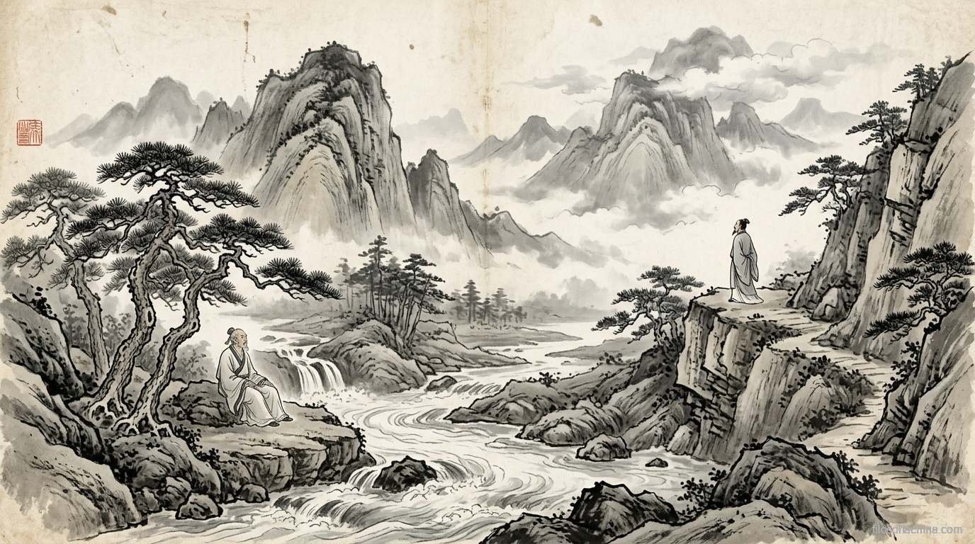 Familia campesina trabajando la tierra bajo montañas brumosas, pintura en tinta china