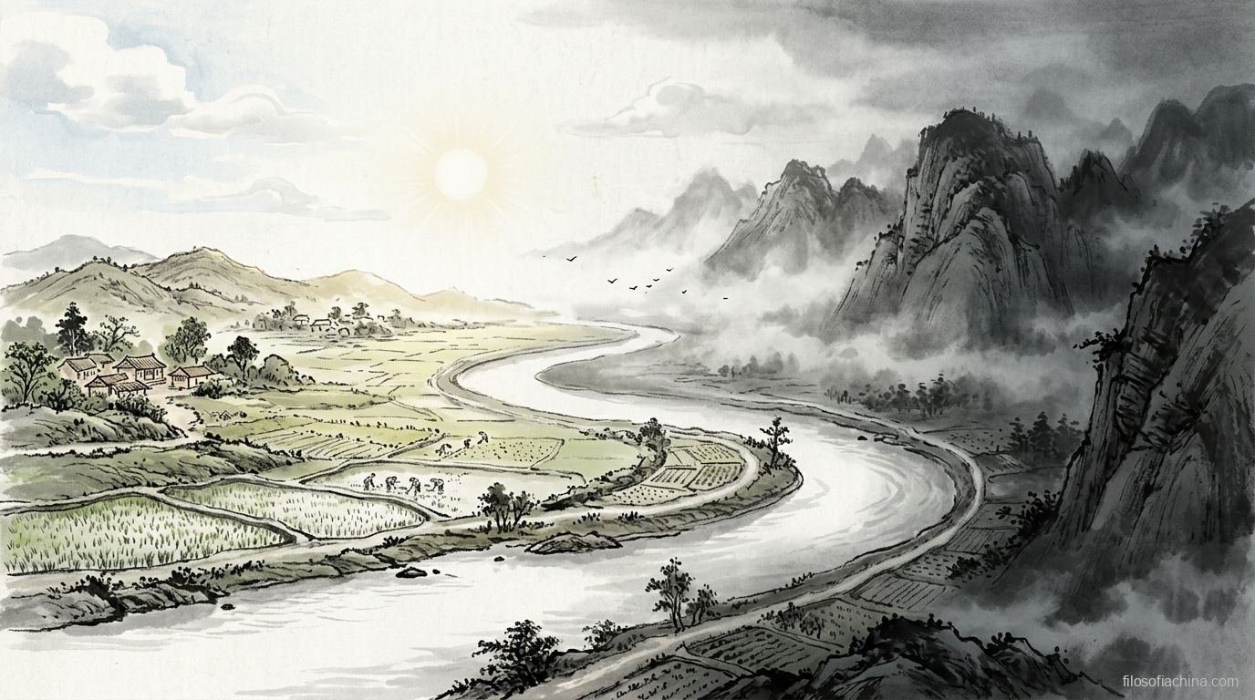 Río serpenteando entre campos cultivados hacia el horizonte, pintura en tinta china