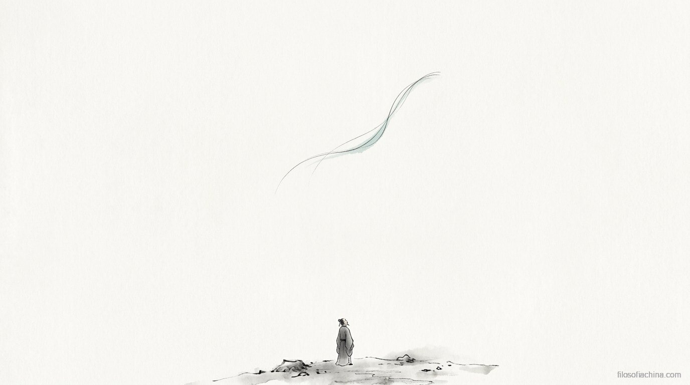 Figura diminuta contemplando un cabello flotando en el vacío, alegoría del rechazo de Yang Zhu a sacrificar lo mínimo, tinta china