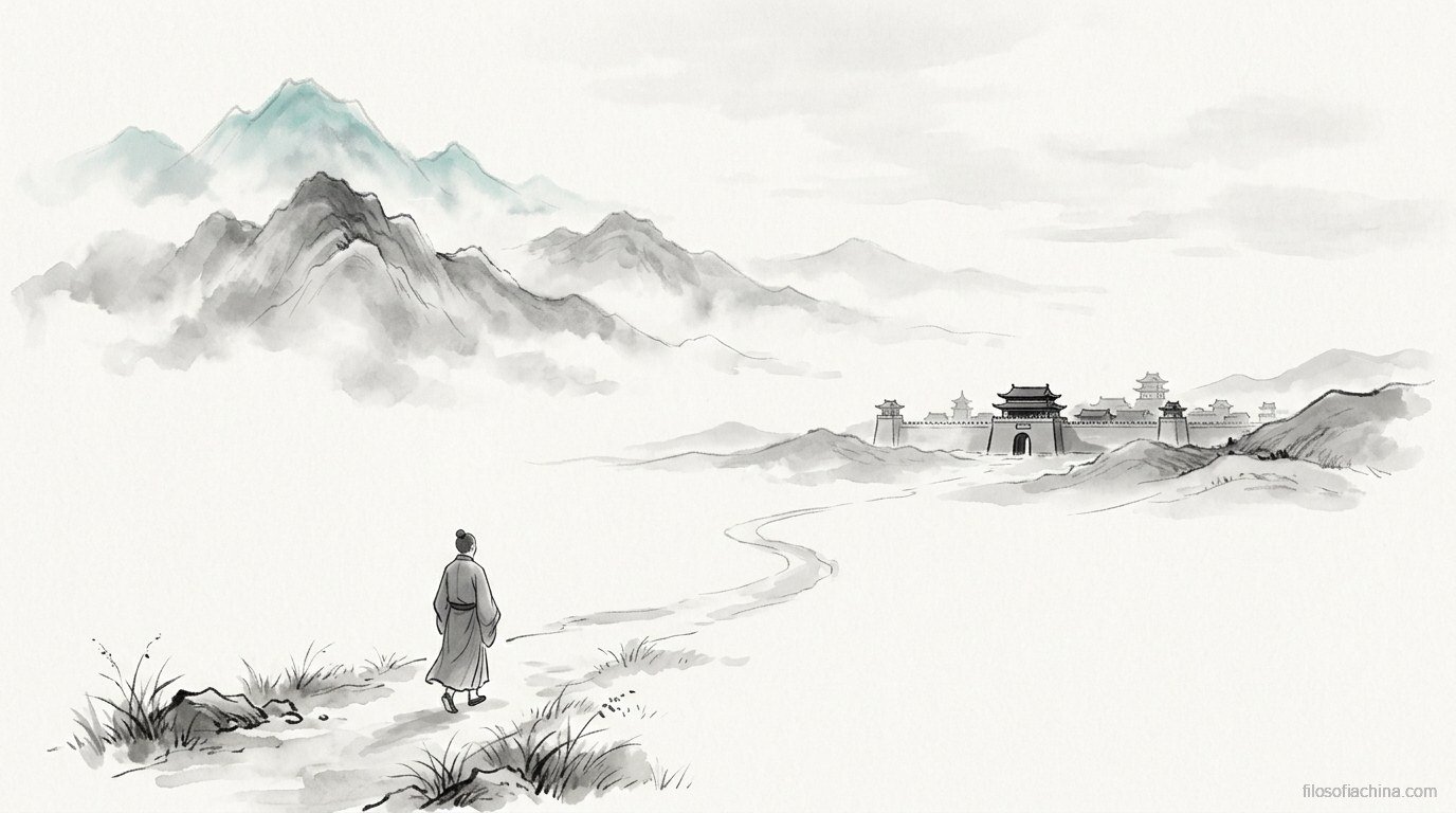 Ermitaño solitario caminando hacia montañas brumosas, alejándose de una ciudad amurallada, ilustración en tinta china