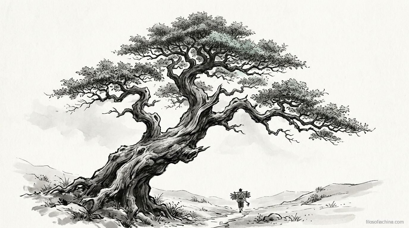 Enorme árbol antiguo retorcido junto a un leñador que lo ignora, alegoría de la utilidad de lo inútil, tinta china